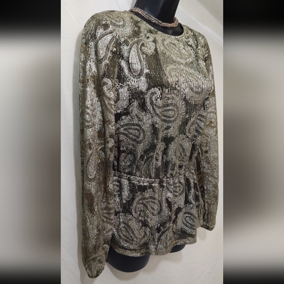 🏵️💚 MICHAEL KORS Women's Metallic Gold Paisley Long Sleeve Peplum Blouse - Picture 3 of 4